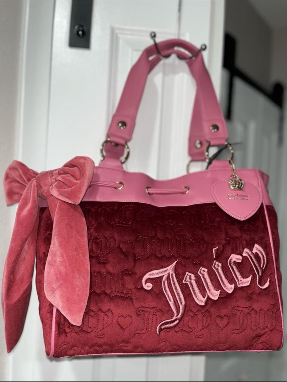 Juicy Couture Rare Pink and Burgundy Velvet velour Tote Bag